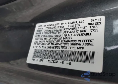 2012 Honda Odyssey Ex-L z USA, uszkodzony, nr VIN 5FNRL5H69CB061003